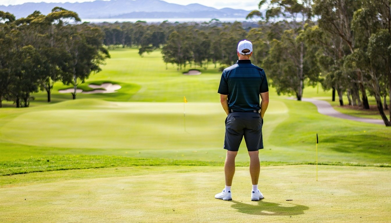 A golfer standing at the tee, looking out over a b
